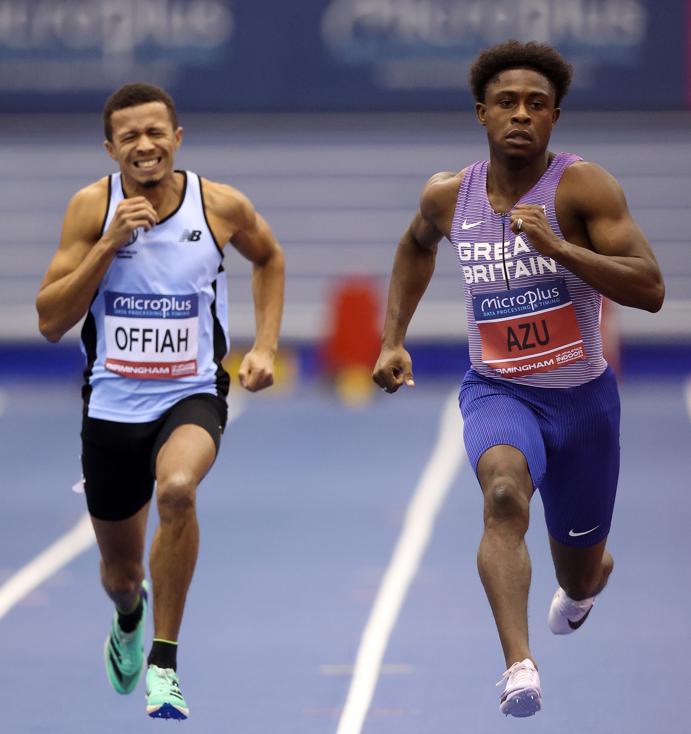 Jeremiah Azu competing in the 60m at the 2024 Microplus UK Athletics Indoor Championships